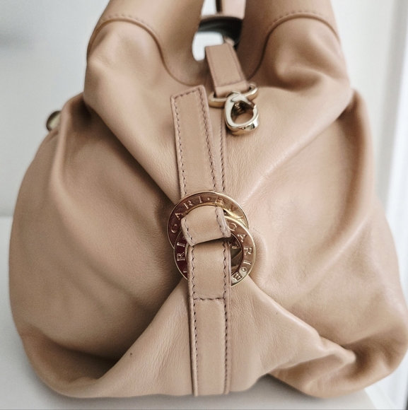 Authentic BVLGARI Chandra Ring Logo Nude Leather Sloutch Hobo‎ Tote Shoulder Bag - Picture 4 of 16